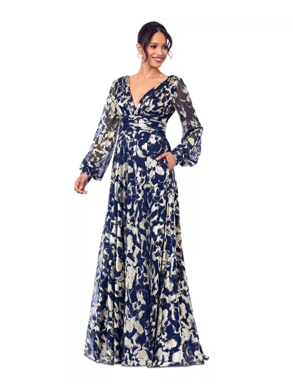Betsy & Adam Navy and Foil Gold V-Neck Maxi Gown
